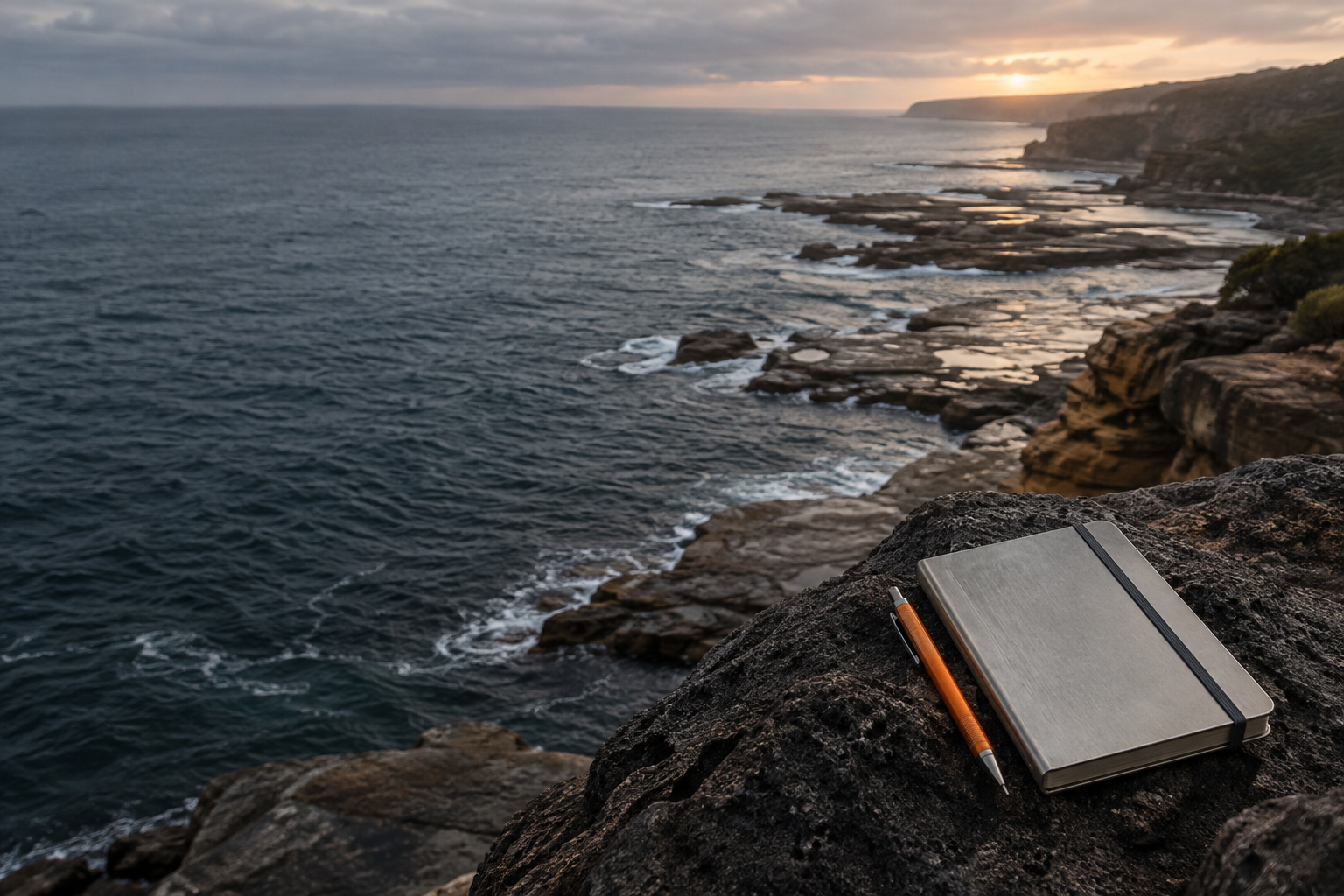 Editorial notebook and pencil on an Australian coastal rock shelf